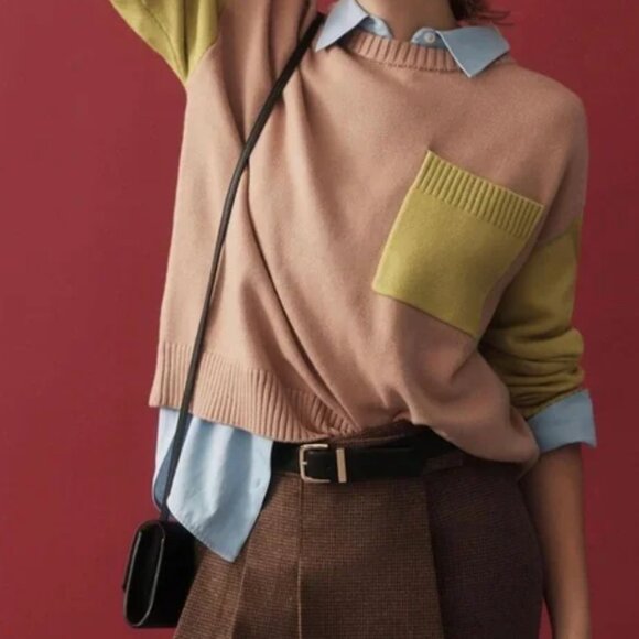 Anthropologie | Dolan Tan Colorblock Crewneck Cropped Sweater Size XL - Picture 1 of 7